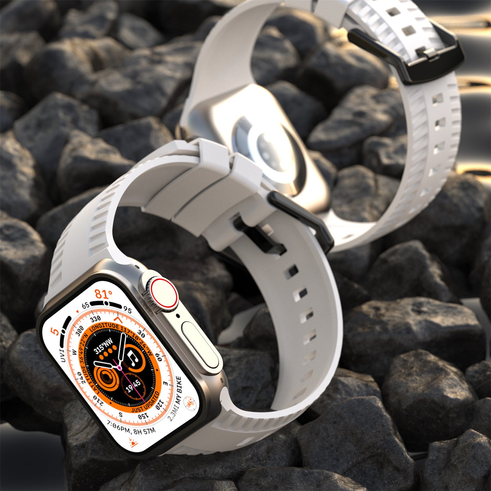 Uniqkart for Apple Watch Ultra 49mm / Series 8 7 45mm / 6 5 4 SE (2022) SE 44mm / 3 2 1 42mm Tire Textured Watchband Silicone Watch Strap - Starlight Uniqkart for Apple Watch Ultra 49mm / Series 8 7 45mm / 6 5 4 SE (2022) SE 44mm / 3 2 1 42mm Tire Textured Watchband Silicone Watch Strap - Starlight